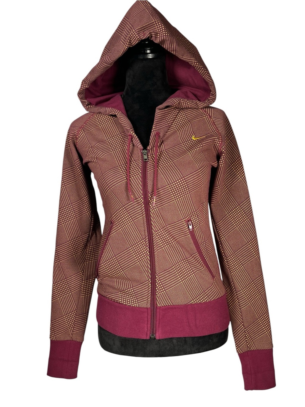 Nike Plaid Hoodie Sweatshirt Burgundy Zip-Up Track Jacket Athletic Sports Small
